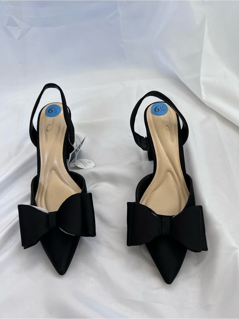 Jessica Simpson Black Pointed Slingback Heels with Bow Accent